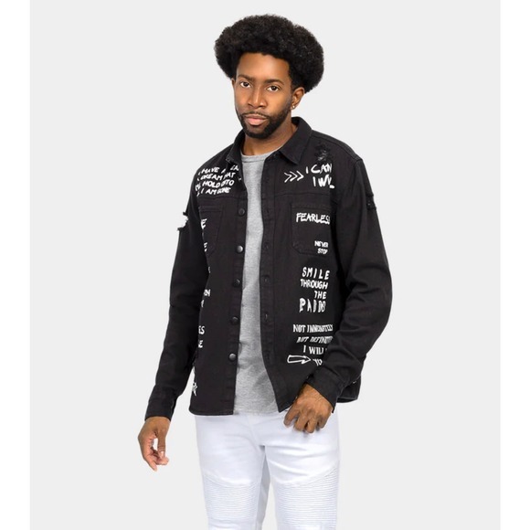 VICTORIOUS‎ Uni Who I Am Distressed Button Up Denim Trucker Jean Jacket Shaket - Picture 1 of 16